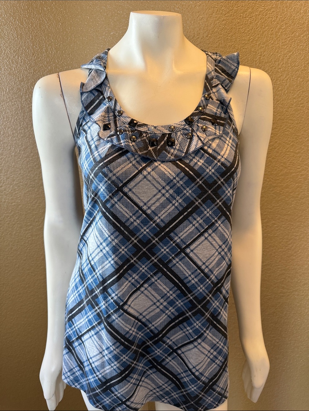 Buffalo David Bitton Blue Plaid Ruffle Neck Tank